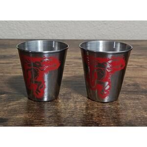 1980s Set Of 2 Fireball Cinnamon Whisky Stainless Steel Dragon Shot Glasses